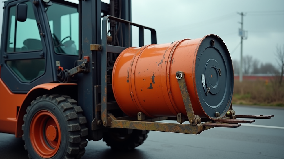 Close-up view of forklift clamp attachment holding a drum