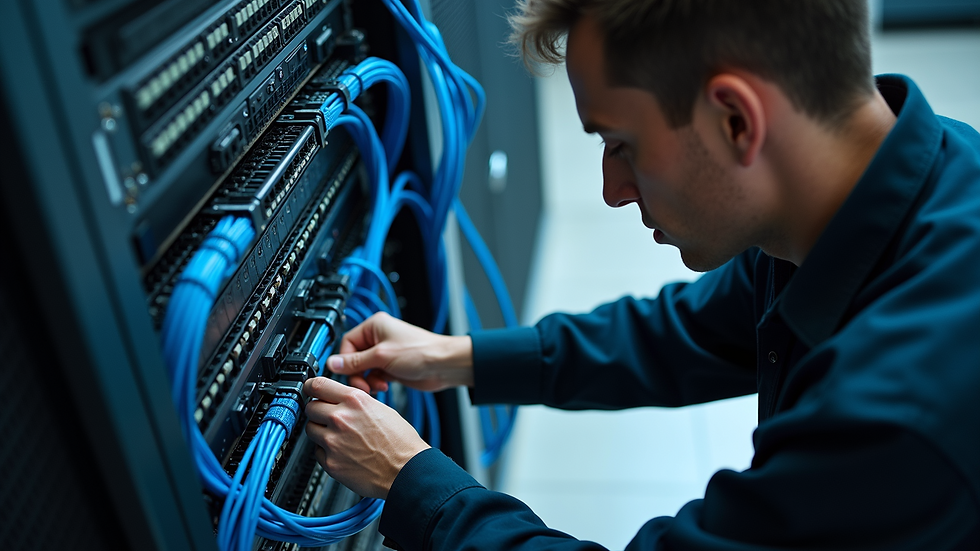 High angle view of a technician working on network cables
