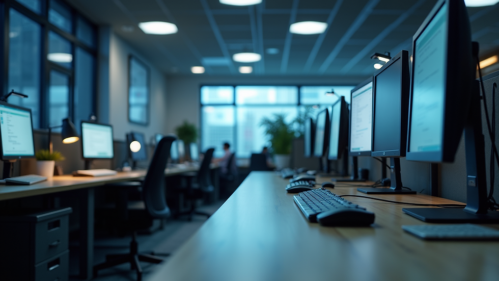 Eye-level view of a modern office with computers and network equipment