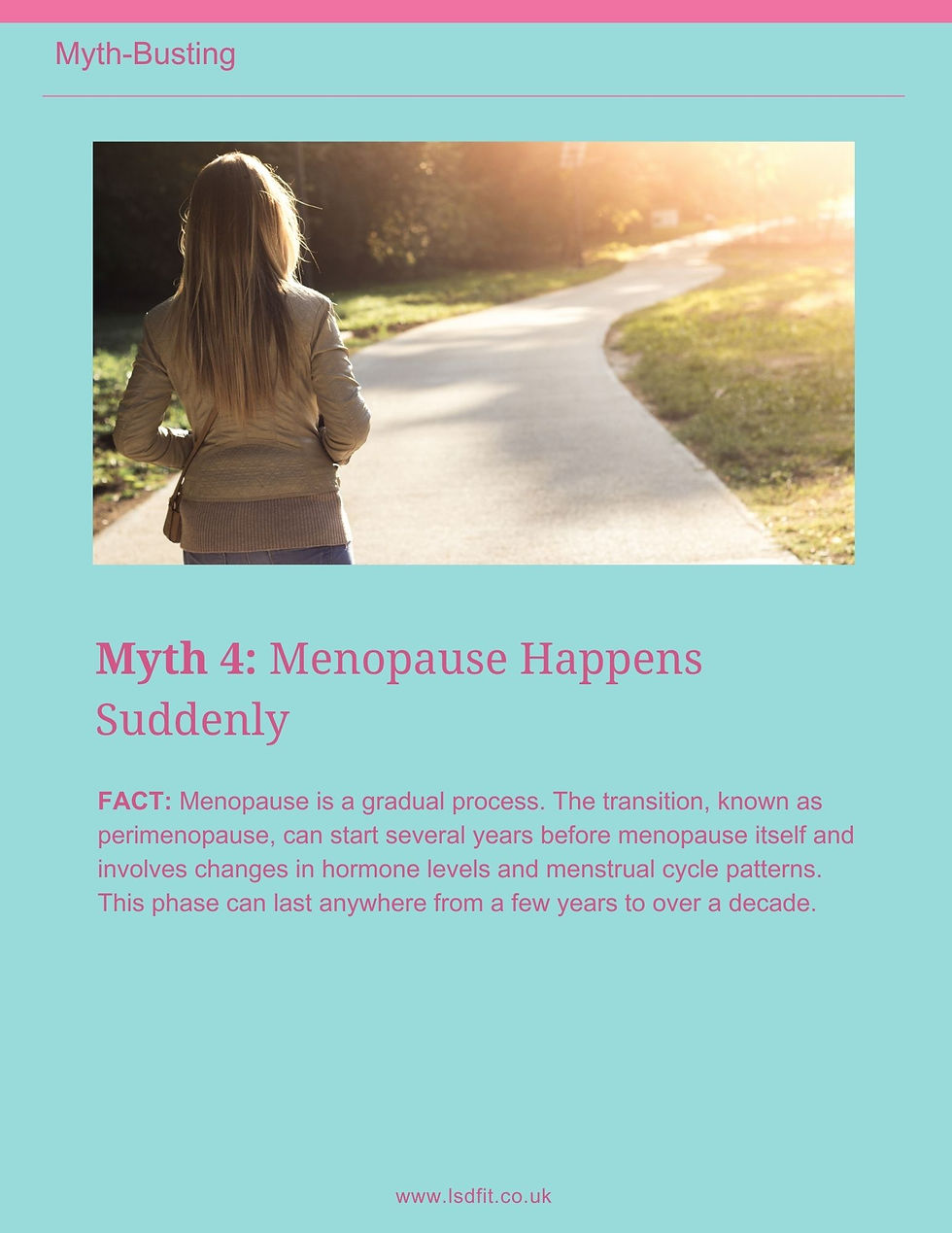Thumbnail: woman standing on a long road looking ahead with text for menopause myth