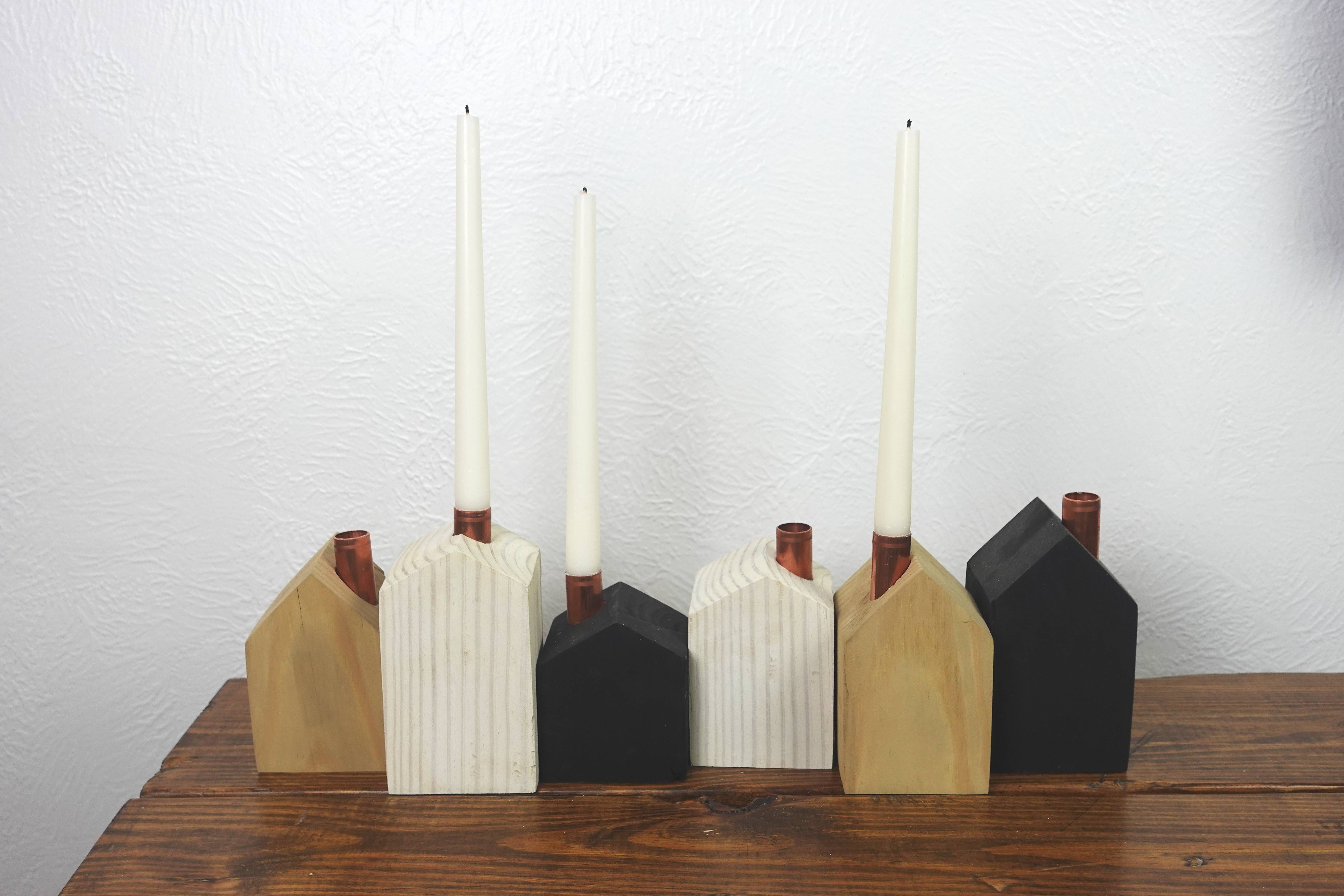 Wood House Candle Holder Set