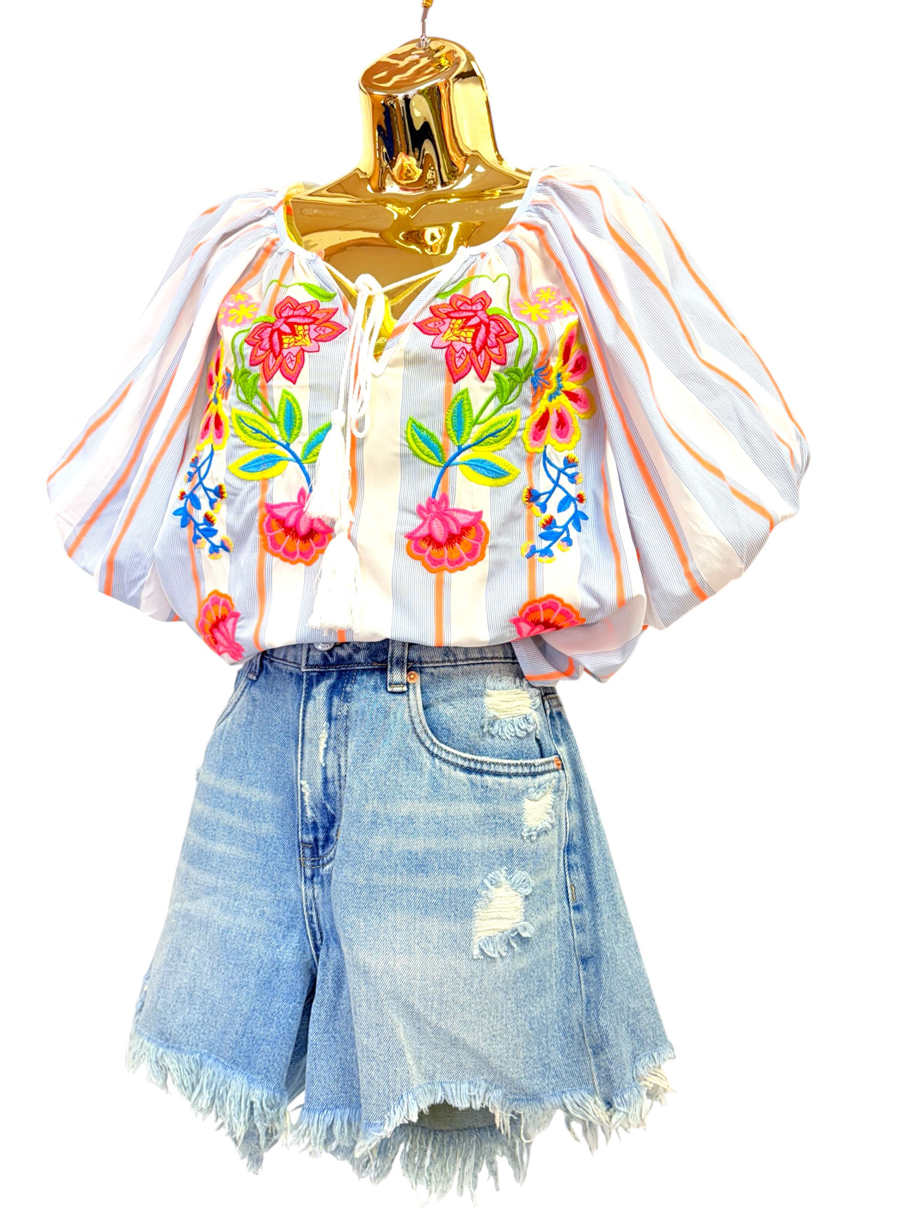 Stripe embroidery puff sleeve blouse 