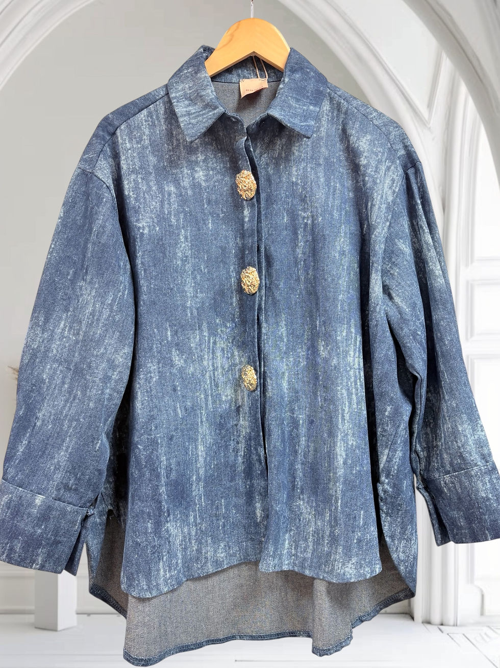 Thumbnail: Statement denim blouse with gold broach buttons