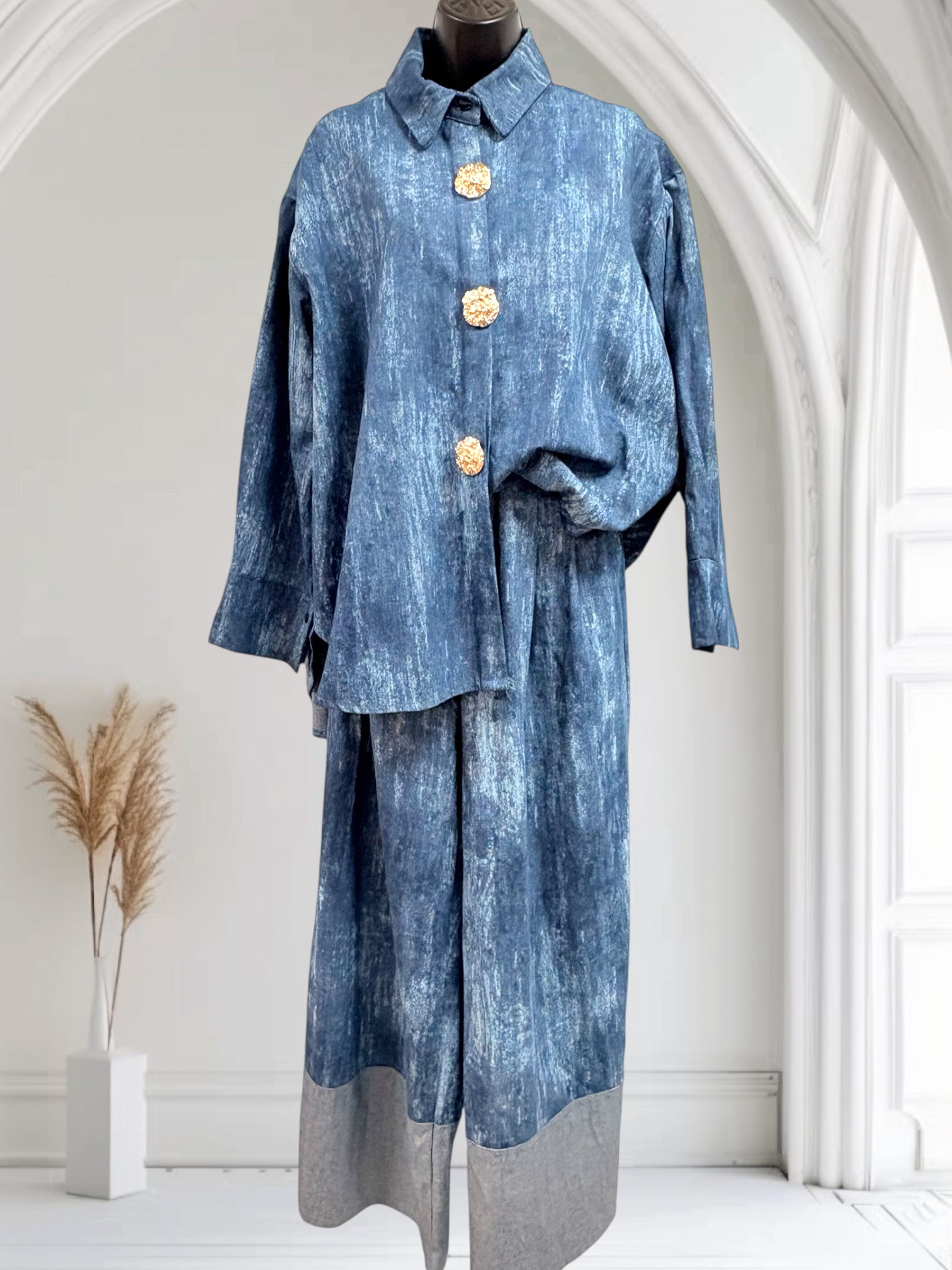 Statement denim blouse with gold broach buttons