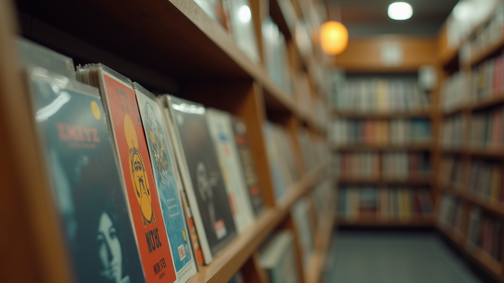eye-level view of a vinyl record store shelf filled with various albums