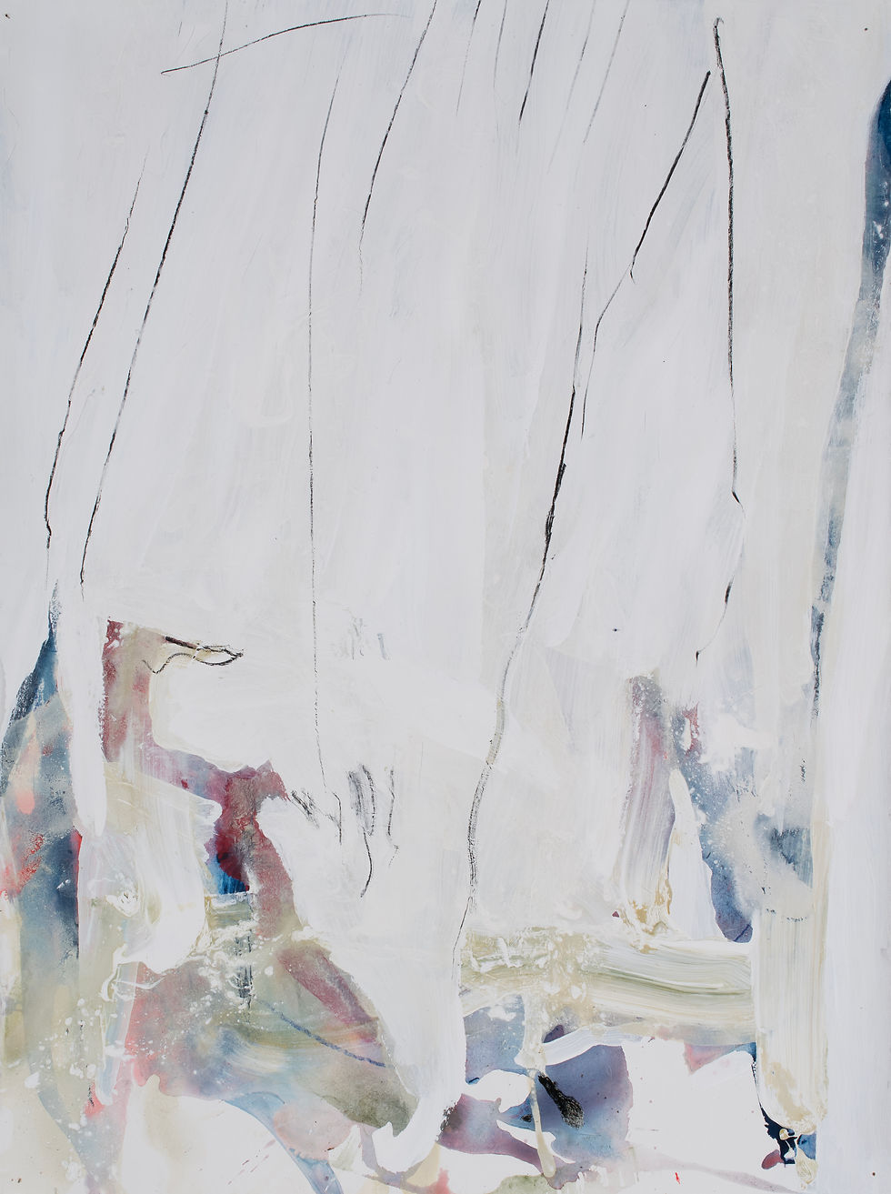 Puppet Theatre, 30x22 inches, flashe and gesso on Rives BFK paper, 2025