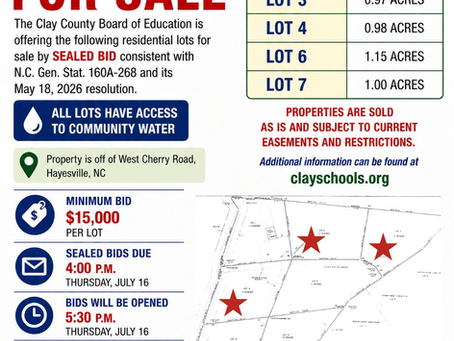 Clay County Board of Education Offers Five Residential Lots for Sale by Sealed Bid
