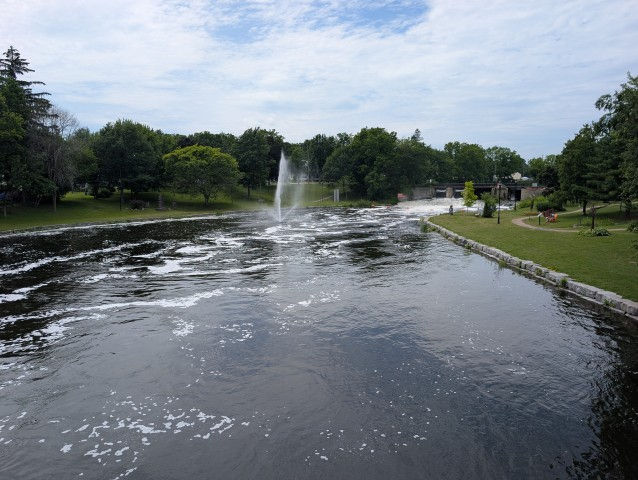 A fountain in the River. Stacey says there is a sculpture park on the right.