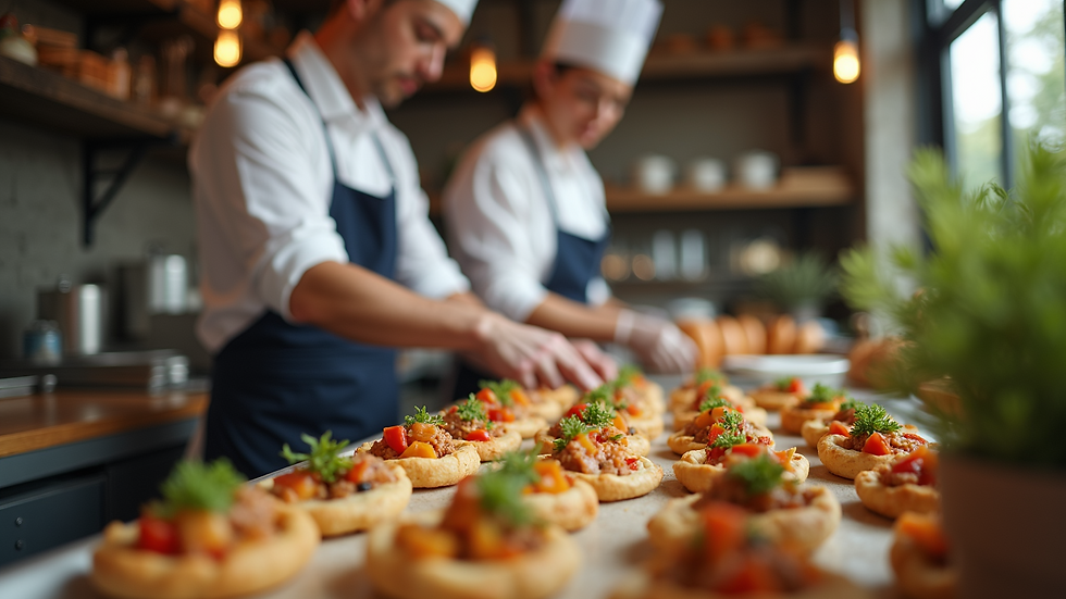 Eye-level view of a professional caterer setting up a wedding food station