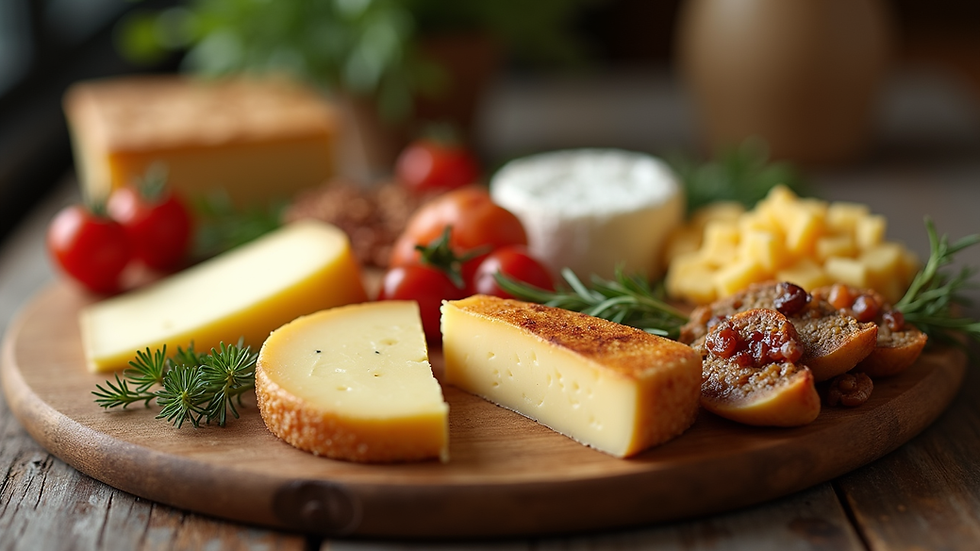Close-up view of a beautifully arranged artisan cheese platter