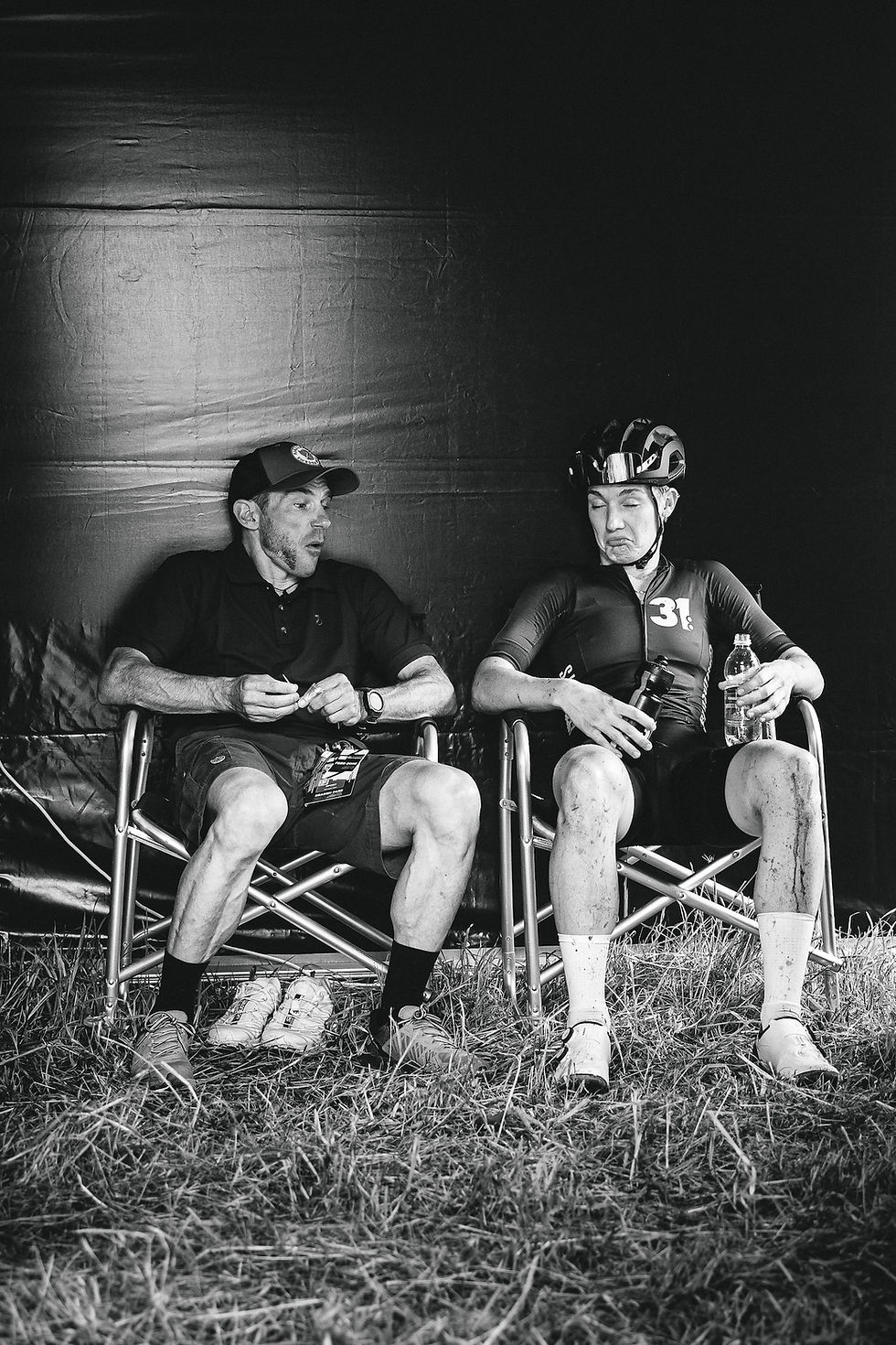 James Brickell and cycling athlete in sports tent