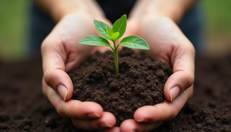 Close-up view of hands holding a small plant growing in soil, symbolizing spiritual growth