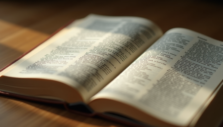 Eye-level view of an ancient open Bible showing Genesis 1:1