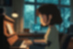 A Ghibli-style digital illustration of a young girl with a robotic arm playing the piano in a softly lit room. She appears focused and serene, seated at a wooden piano with sheet music open. Behind her, a computer screen and bookshelves hint at a modern, tech-enhanced setting. Large windows reveal a backdrop of tall trees and filtered daylight.