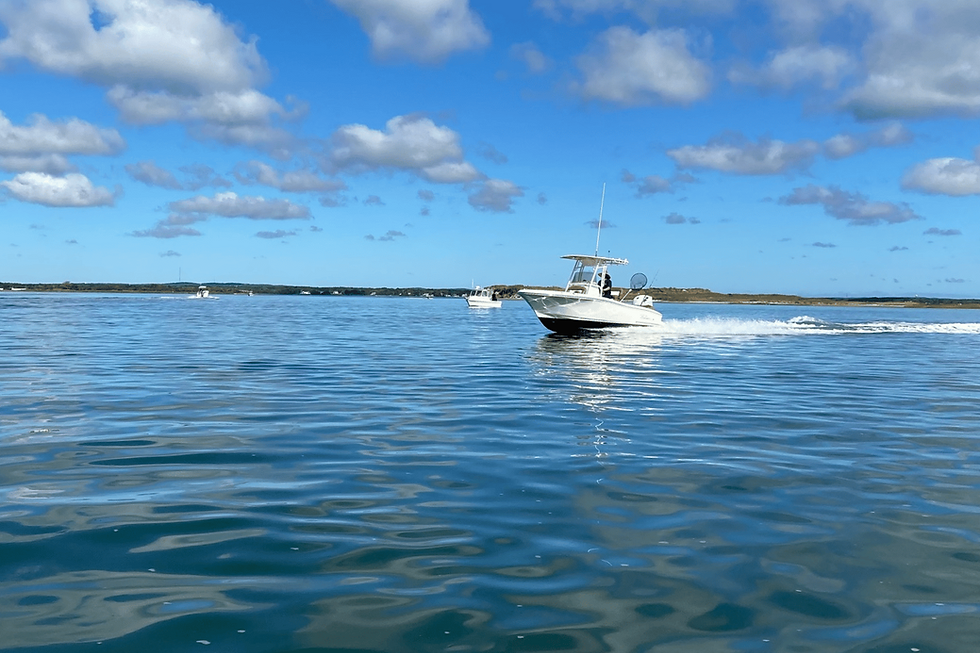 Boat gliding across the lake on a bright day. 