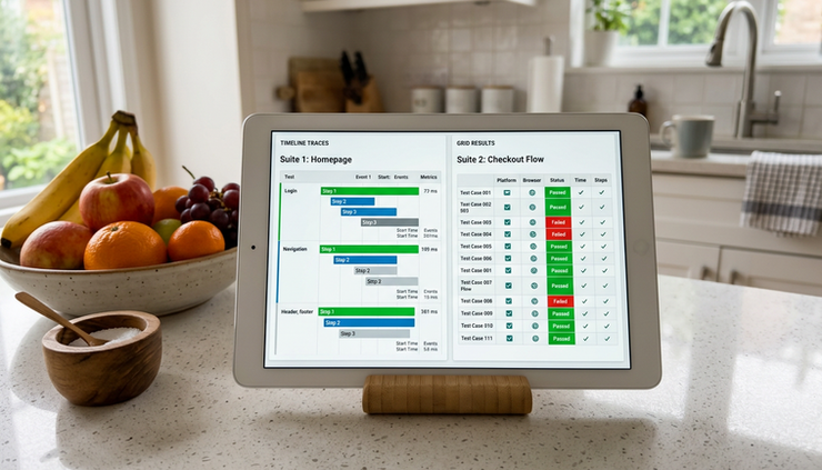 Wide-angle view of a tablet showing two browser test dashboards on a kitchen counter