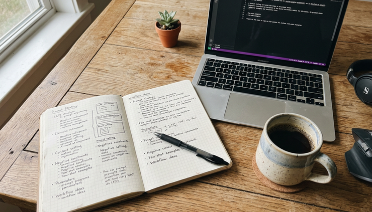 Overhead view of a notebook with prompt notes beside a laptop in a quiet home kitchen