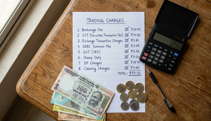 Top-down view of a handwritten list of trading charges beside rupee notes.