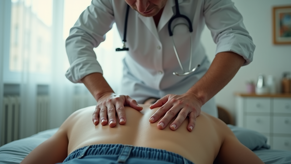 Eye-level view of osteopath gently adjusting a patient’s back in a clinic room