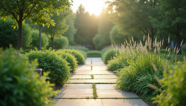 Eye-level view of a serene detox center garden with lush greenery and walking paths