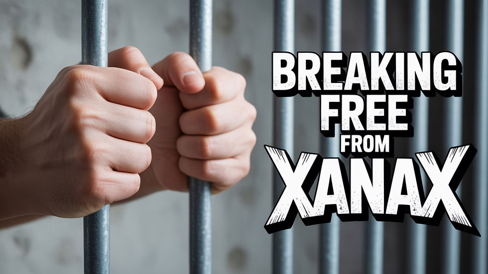Hands gripping metal bars, set against a blurred gray background. Text: "Breaking Free from Xanax" in bold, white letters. Mood: Determined.