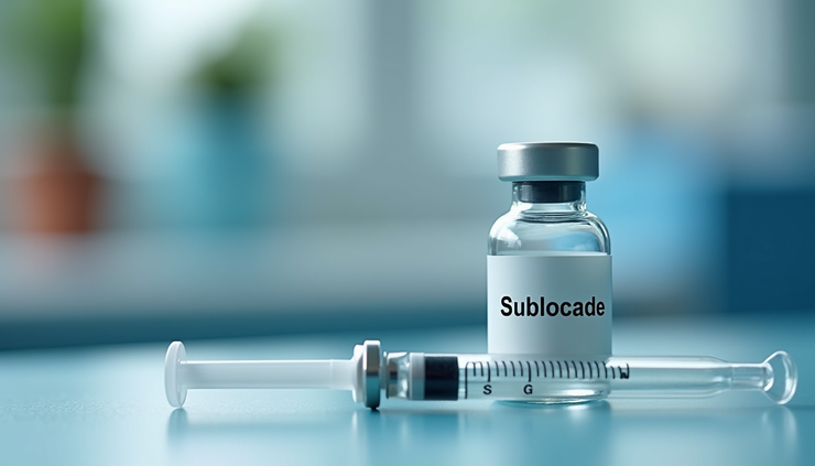 Close-up view of a syringe and medication vial labeled Sublocade on a medical table
