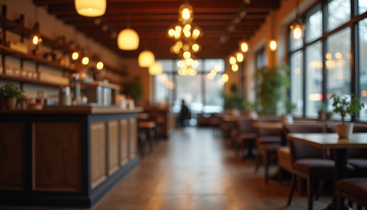 Eye-level view of a cozy coffee shop interior with warm lighting and comfortable seating