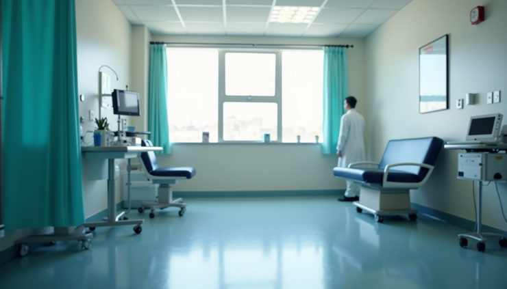 Eye-level view of a hospital room with medical equipment and a chair for patient counseling