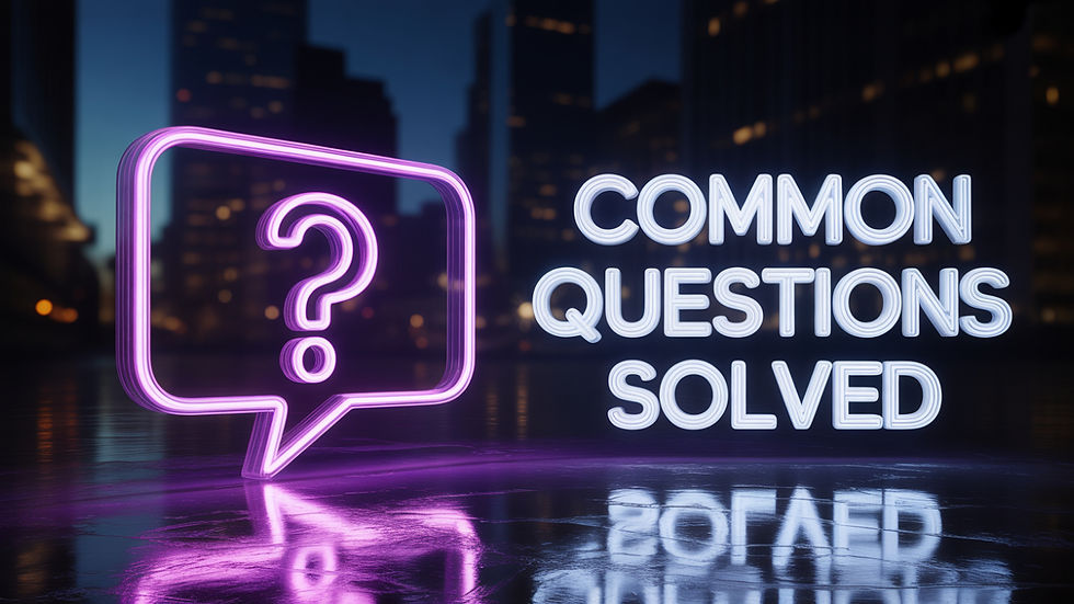 Neon pink question mark in a speech bubble beside "COMMON QUESTIONS SOLVED" text, set against a blurry cityscape at night. Reflective surface.