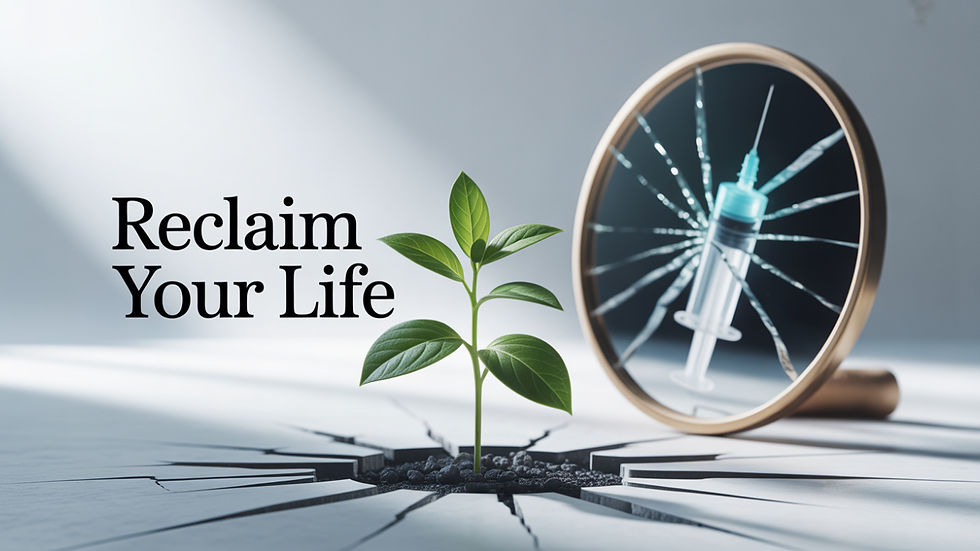 Young plant grows through cracked ground; text reads "Reclaim Your Life." A broken mirror reflects a syringe, symbolizing resilience and recovery.