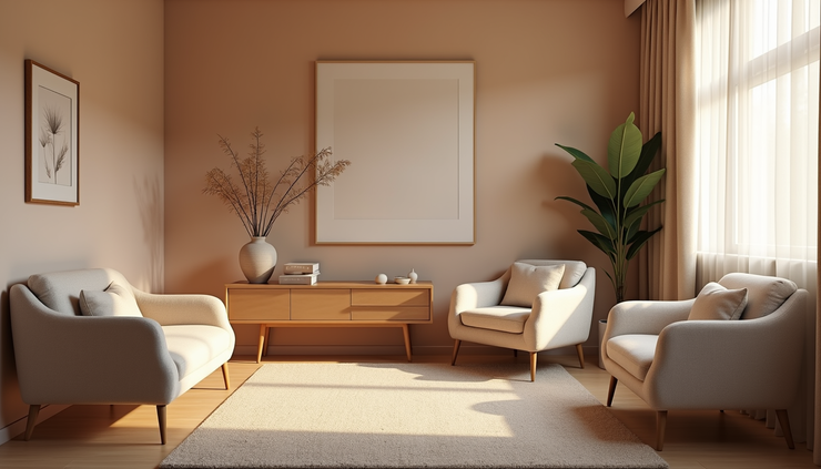 Eye-level view of a serene therapy room with soft lighting and comfortable seating