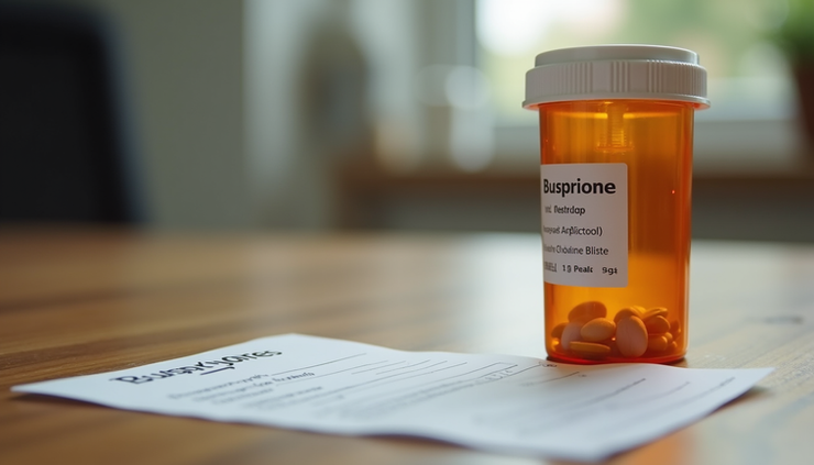 Eye-level view of a bottle of buspirone pills on a wooden table with a prescription note