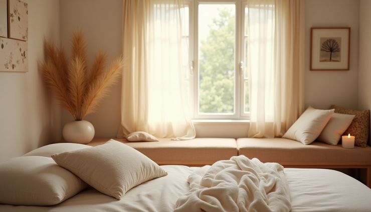 Eye-level view of a peaceful room with soft lighting and cozy cushions