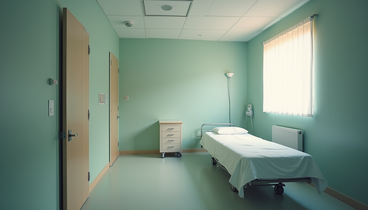 Eye-level view of a calm, private medical detox room with a comfortable bed and soft lighting