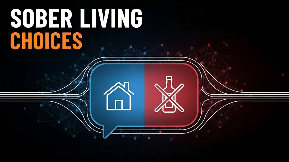 Digital design with "Sober Living Choices" text. Features house icon in blue and crossed-out bottle in red. Network pattern, dark backdrop.