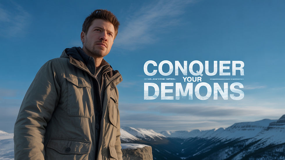 Man in a jacket stands pensively against snowy mountains under a blue sky. Text reads "CONQUER YOUR DEMONS." Mood is determined.