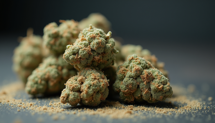 Close-up view of dried cannabis buds with unusual powdery coating