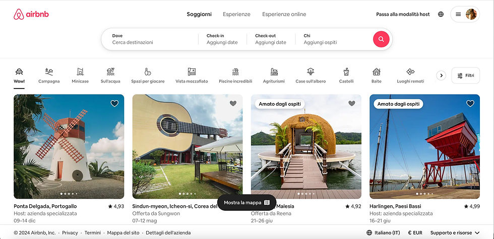 L'homepage di Airbnb, con gli alloggi disponibili