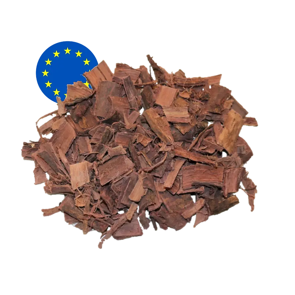 Mimosa hostilis root bark chips with an EU flag