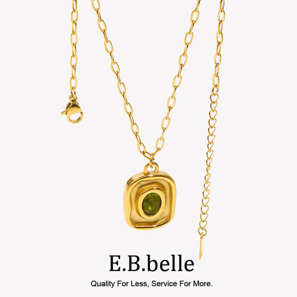 E.B.belle Oval Shape Green Zircon Necklace Stainless Steel Paperclip Chain 18K G