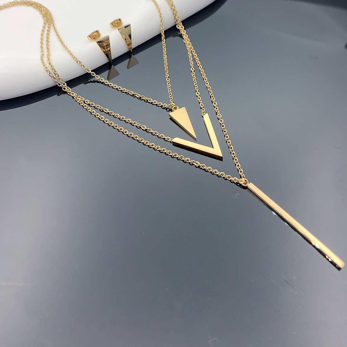 3 Piece Set New Women's Stainless Steel V-shaped Geometric Pendant Multi-Layer N