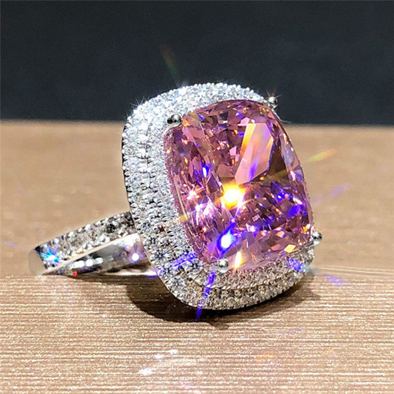 Huitan Personality Big Pink Cubic Zirconia Wedding Rings for Women Romantic Brid