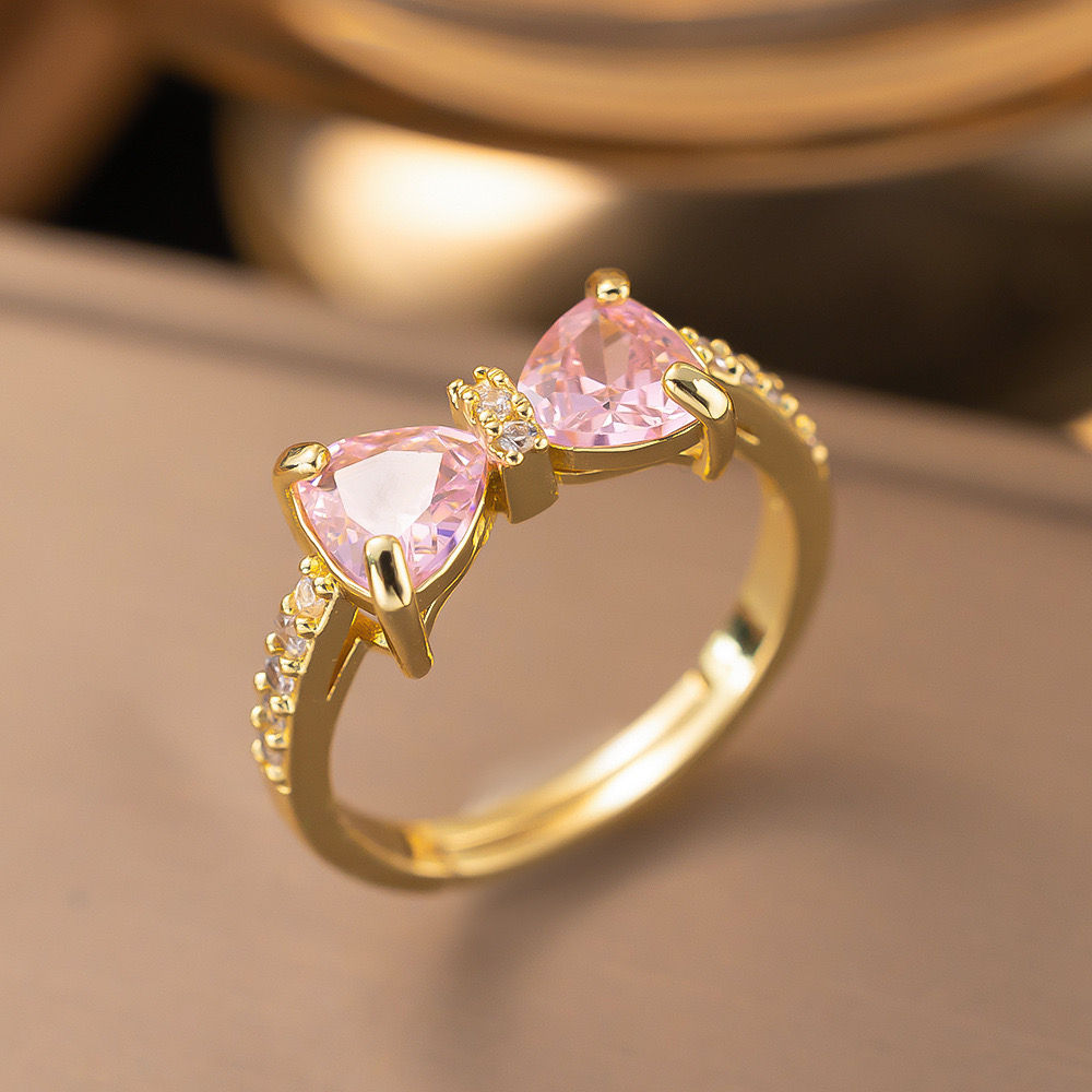 Golden Pink Heart Bow Ring