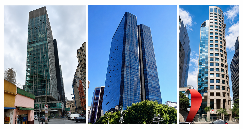IMAGEM: Edifício Wilton Paes de Almeida (SP), 1977 / Edifício Centro Cândido Mendes (RJ) e Edifício Citibank (SP)