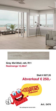 Feinsteinzeug-Fliese Grey 40×120 cm R11 – Restposten 12,48 m² – Abverkauf € 250,-