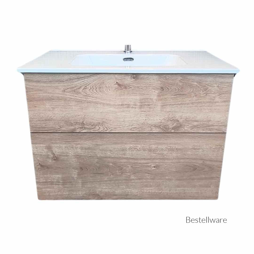 Badmöbel Set Natureiche 80 cm mit Keramikwaschbecken und Holzoptik