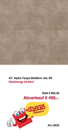 Feinsteinzeug AT. Alpha Taupe 60x60cm rett, R9 Abverkauf Restmenge 23,04m²
Statt € 965,38
Nur € 490,-