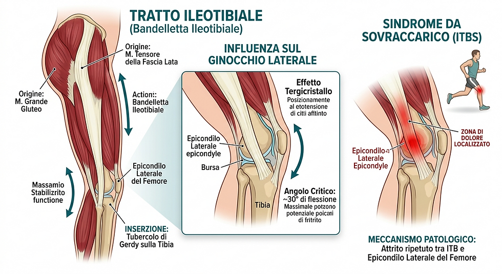 Italian anatomy infographic shows iliotibial band over knee, runner with red pain spot, and labels for ITBS and lateral knee pain.