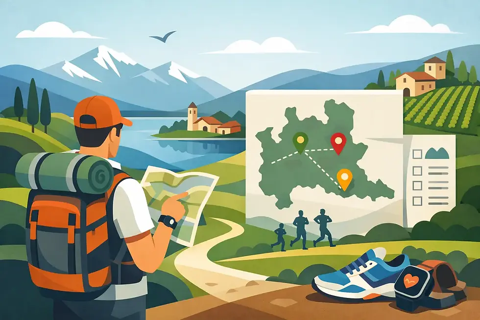Hiker with map and backpack in colorful landscape; mountains, lake, and houses in background; running shoes and smartwatch visible.