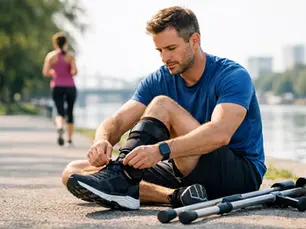 Man in blue shirt ties shoelaces beside crutches on a riverside path. A woman jogs in the background. Sunny, serene outdoor setting.